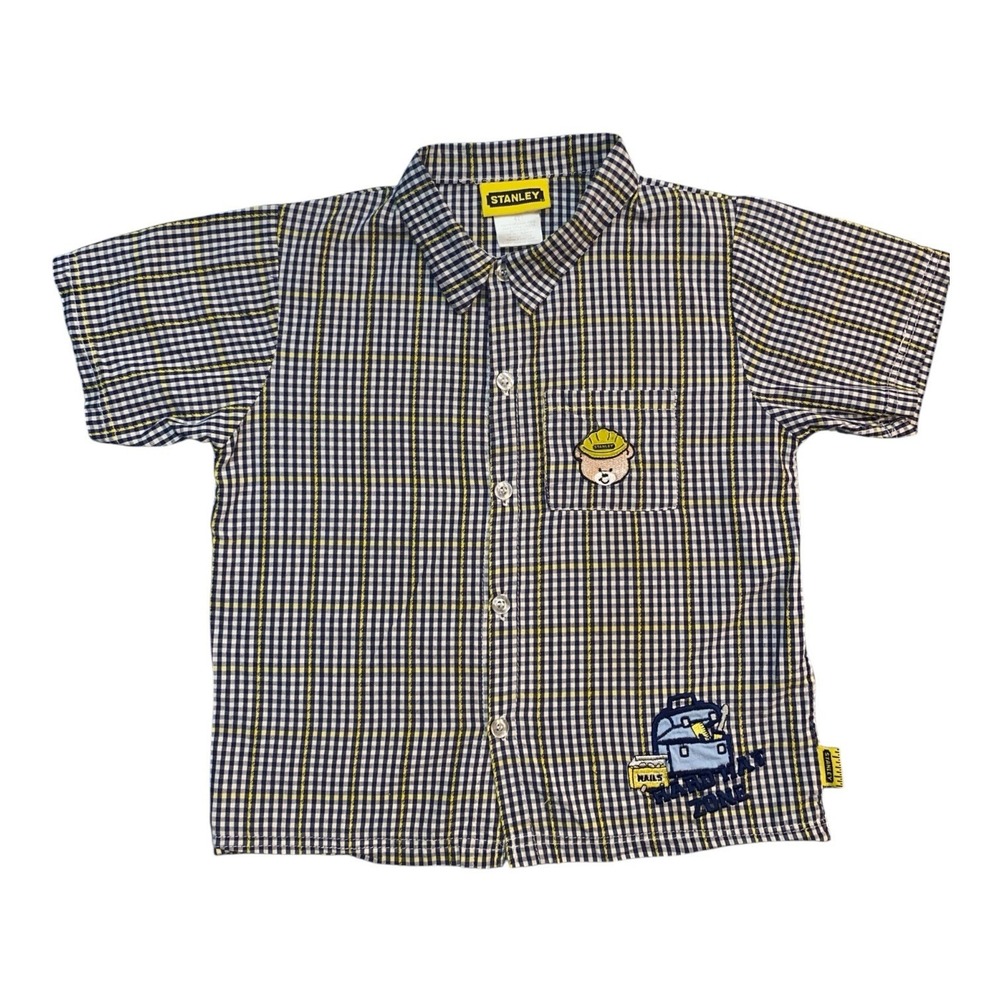 Stanley 4T Gingham Button Shirt Construction Bear Toolbox Embroidered Cotton